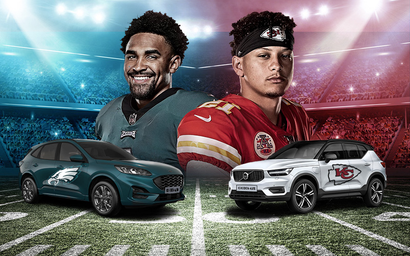 Die zwei Quarterbacks der besten Teams der NFL stehen sich gegenüber. Autos der ASS Komplettrate symbolisieren die Teams.